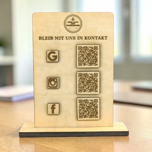 Aufsteller Google, Social Media, Website mit QR-Code | personalisierbar Holz 15x10,5 cm