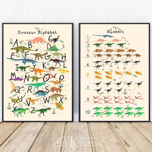 Set di poster ABC e numeri Poster Dinosauro | camera dei bambini inglese