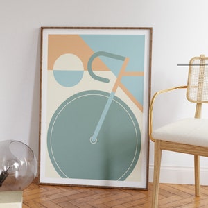 Dieses tolle Poster im Stil des Bauhauses zeigt ein minimalistisch dargestelltes Fahrrad in geometrischer Darstellung.