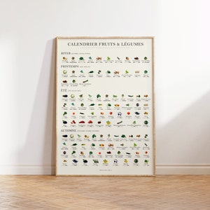 Dieses Poster eines Saisonkalenders für Obst und Gemüse auf französisch zeigt dir verschiedene Obst und Gemüse Pflanzen. Unter jeder Pflanze ist eine kleine Grafik zusehen, die dir verrät, wann welche Pflanze saisonal verfügbar ist.