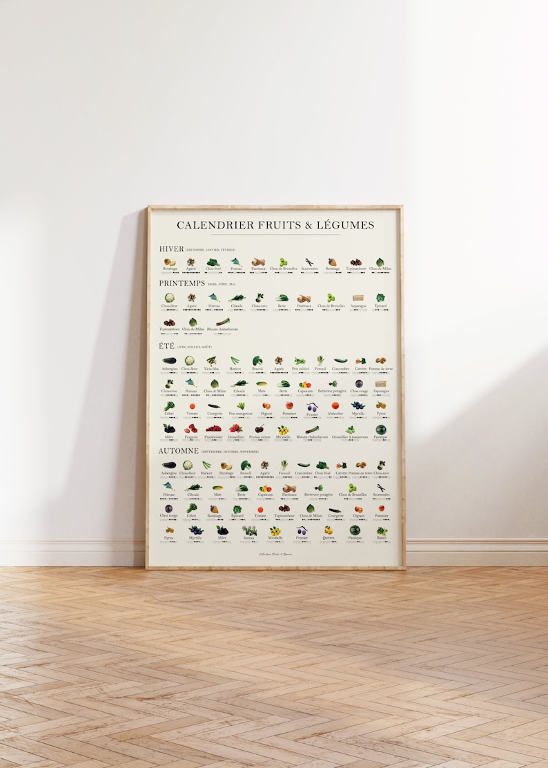 Dieses Poster eines Saisonkalenders für Obst und Gemüse auf französisch zeigt dir verschiedene Obst und Gemüse Pflanzen. Unter jeder Pflanze ist eine kleine Grafik zusehen, die dir verrät, wann welche Pflanze saisonal verfügbar ist.