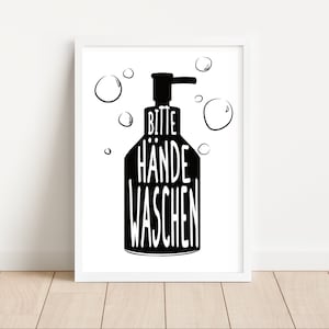 Può includere: Arte da parete stampabile in bianco e nero con un'illustrazione disegnata a mano di un dispenser di sapone con il testo "Bitte Hände Waschen", che si traduce in "Per favore, lavatevi le mani" in italiano.
