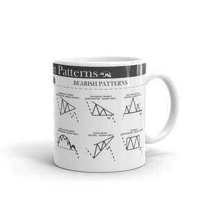 May include: White ceramic mug with a black handle. The mug features a black and white illustration of bearish stock market patterns. The text "Patterns" and "Bearish Patterns" is printed on the mug.