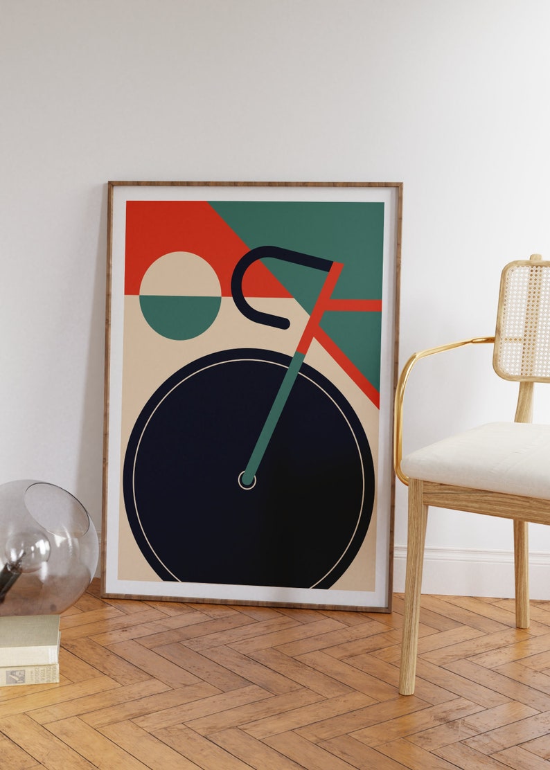 Dieses tolle Poster im Stil des Bauhauses zeigt ein minimalistisch dargestelltes Fahrrad in geometrischer Darstellung.