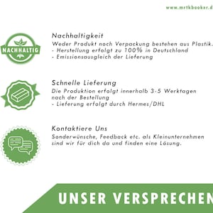May include: Green graphic with the word "NACHHALTIG" in a circle. Text below reads "Nachhaltigkeit", "Weder Produkt noch Verpackung bestehen aus Plastik.", "Herstellung erfolgt zu 100% in Deutschland", "Emissionsausgleich der Lieferung", "Schnelle Lieferung", "Die Produktion erfolgt innerhalb 3-5 Werktagen nach der Bestellung", "Lieferung erfolgt durch Hermes/DHL", "Kontaktiere Uns", "Sonderw&uuml;nsche, Feedback etc. als Kleinunternehmen sind wir f&uuml;r dich da und finden eine L&ouml;sung.", and "UNSER VERSPRECHEN".