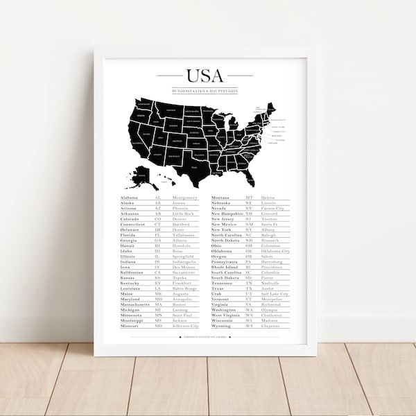 Poster Karte USA | Bundesstaaten & Hauptstädte