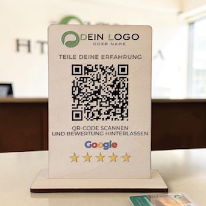 Google Bewertung QR-Code Aufsteller | Bewertungskarte personalisierbar Holz | graviert oder gedruckt | 12x8 cm