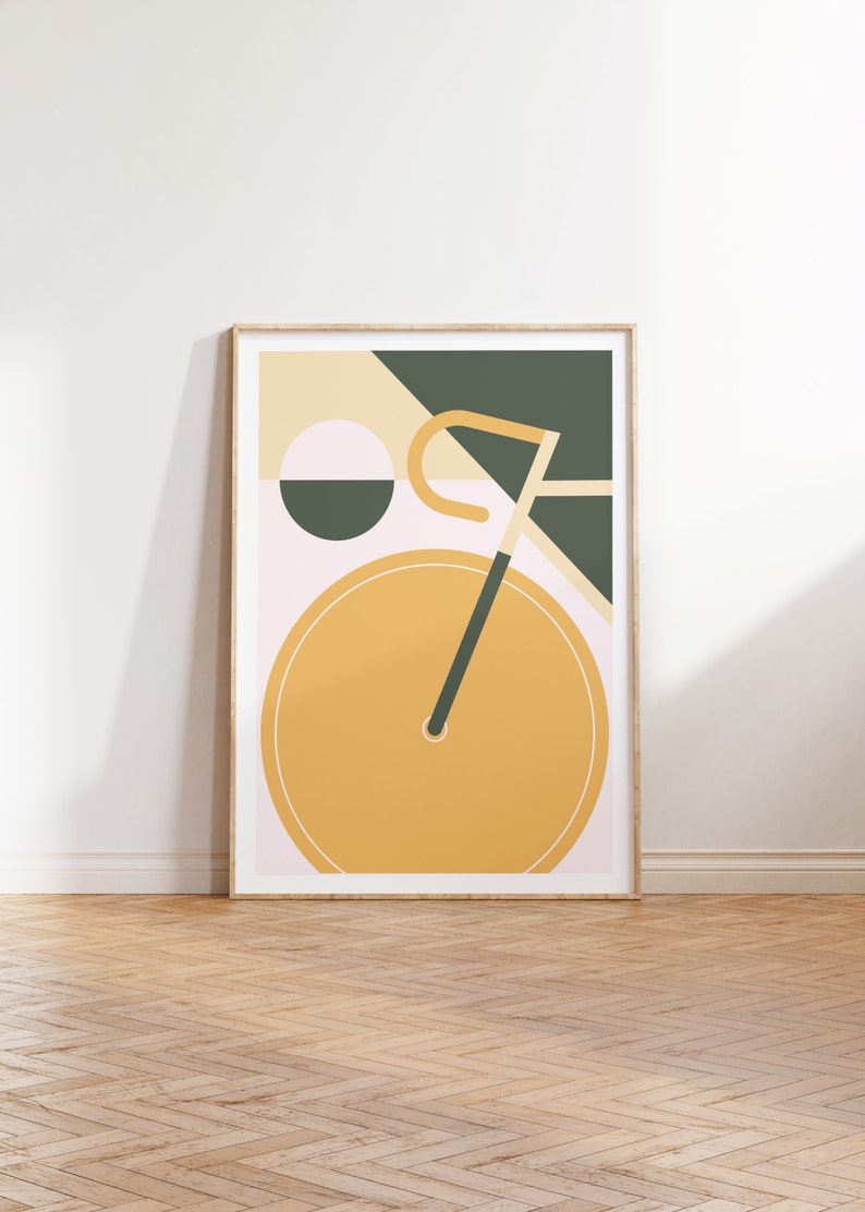 Dieses tolle Poster im Stil des Bauhauses zeigt ein minimalistisch dargestelltes Fahrrad in geometrischer Darstellung.