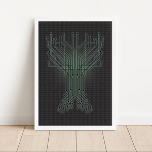 Das Computer-Poster zeigt einen Datenbaum mit hinterlegtem Binärcode.