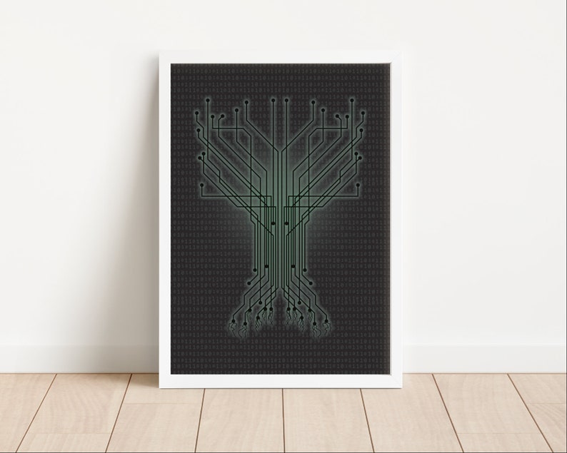 Das Computer-Poster zeigt einen Datenbaum mit hinterlegtem Binärcode.