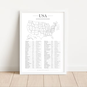 Diese minimalistische Karte der Vereinigten Staaten von Amerika zeigt dir alle 50 Bundesstaaten, inklusive Tabelle mit den Hauptstädten und Abkürzungen.