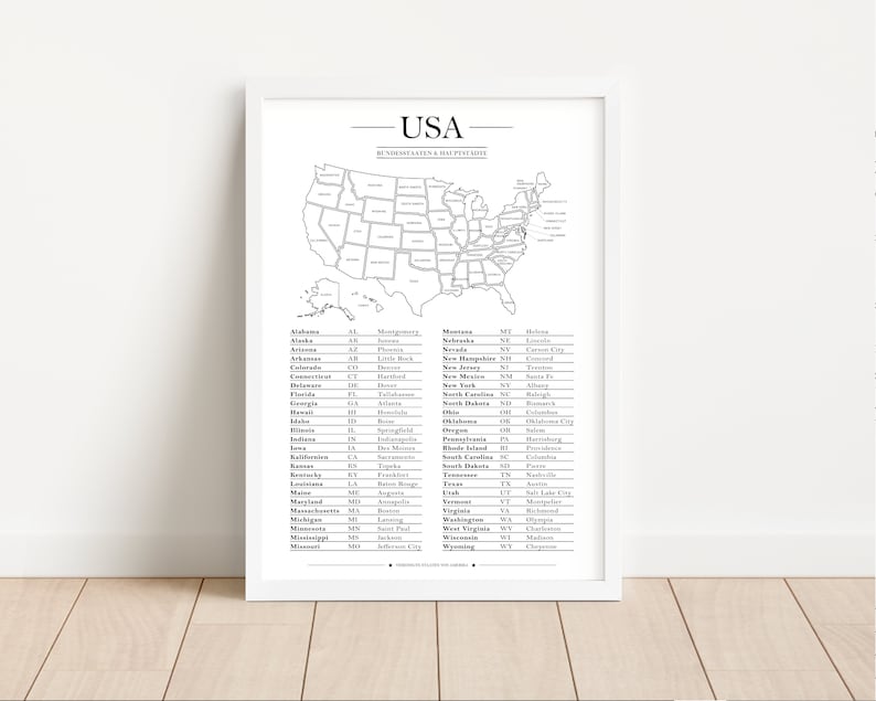 Diese minimalistische Karte der Vereinigten Staaten von Amerika zeigt dir alle 50 Bundesstaaten, inklusive Tabelle mit den Hauptstädten und Abkürzungen.