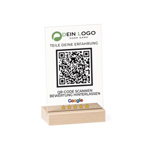 Google Bewertung QR-Code Aufsteller | Bewertungskarte personalisierbar Acryl transparent 15x10 cm
