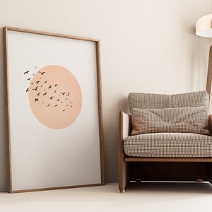 Poster Flock of Birds in Front of Sun Pink or Blue