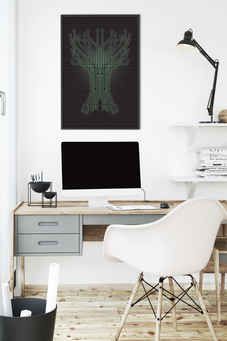 Das Computer-Poster zeigt einen Datenbaum mit hinterlegtem Binärcode.