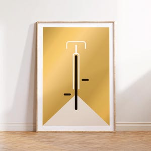 Minimalistisches Bauhaus Fahrrad Poster mit Fahrradmotiv – inspiriert vom Mid-Century-Modern-Stil, gedruckt auf hochwertigem 200 g/m² Fineart-Papier, ideal als zeitlose Wanddeko für moderne Wohnräume, Büros oder Designliebhaber.