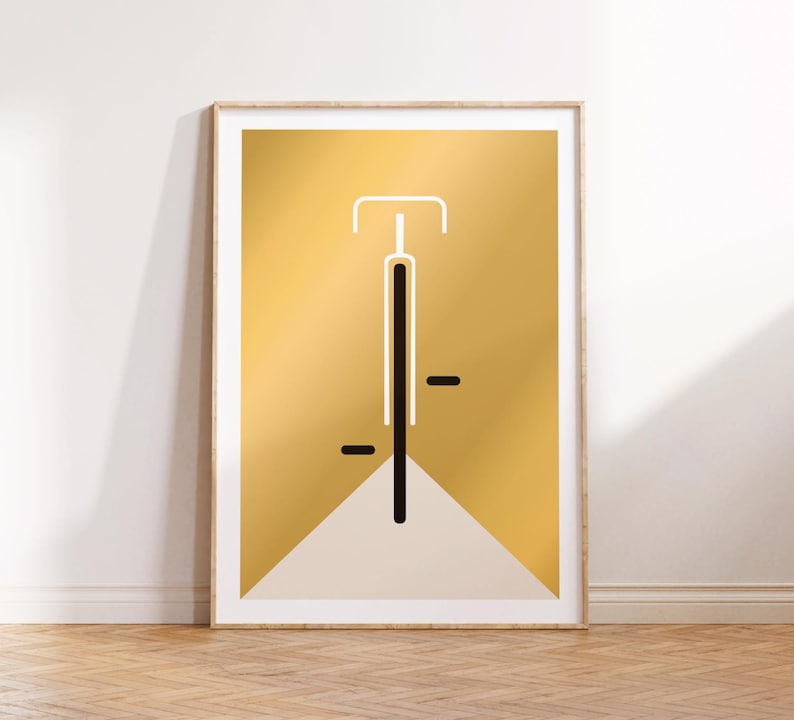 Minimalistisches Bauhaus Fahrrad Poster mit Fahrradmotiv – inspiriert vom Mid-Century-Modern-Stil, gedruckt auf hochwertigem 200 g/m² Fineart-Papier, ideal als zeitlose Wanddeko für moderne Wohnräume, Büros oder Designliebhaber.