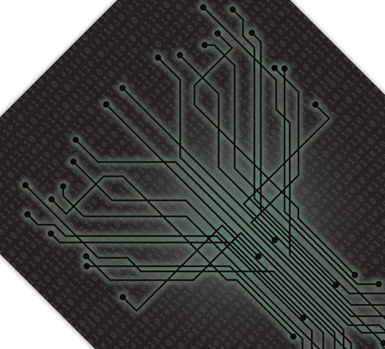 Das Computer-Poster zeigt einen Datenbaum mit hinterlegtem Binärcode.