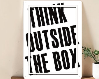 Metal sign "Think Outside The Box" A4 A3, magnetic wall sign for office motivation, tin sign with saying and typography, UV-printed wall sign, decorative gift