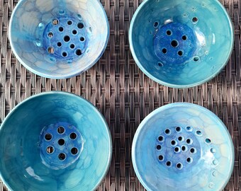 Handmade Ceramic Colander, berry bowl, sieve. Perfect for rinsing summer salads and fruit. Decorated in a summery turquoise blue glaze.