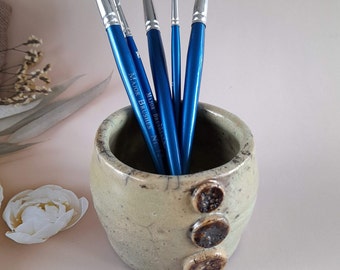 Handmade Raku Ceramic Pot: Green Glaze Pencil Brush Holder