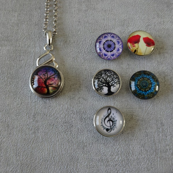 collier sautoir personnalisable avec bouton pression interchangeable note de musique, arbre de vie, coquelicot