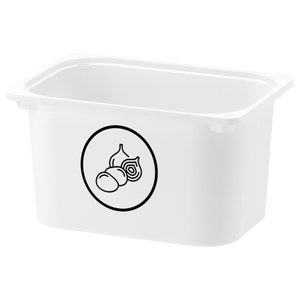 Peut inclure: Un récipient en plastique blanc avec une icône noire et blanche d'un oignon et de pommes de terre. Le récipient est conçu pour le stockage des légumes.