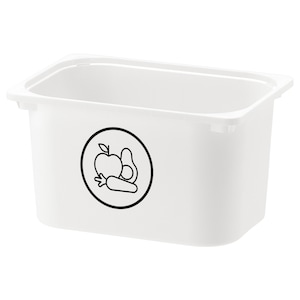 Op de afbeelding: Een rechthoekige witte kunststof container met een zwart-wit pictogram van een appel, avocado en wortel in een cirkel. De container is voor het bewaren van voedsel.