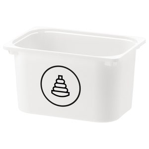 Puede incluir: Un contenedor de almacenamiento de plástico blanco con forma rectangular. Un gráfico en blanco y negro de un juguete apilable está en la parte delantera. El contenedor tiene un borde ligeramente elevado.