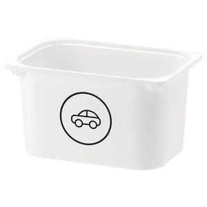 May include: White plastic storage bin with a black car icon on the front.