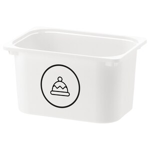 May include: White plastic storage bin with a black and white icon of a winter hat on the front.