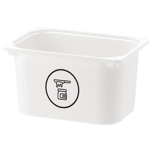May include: White plastic rectangular container with a black and white icon of a jar with a spoon on top. The icon is inside a circle.
