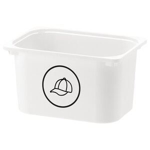 May include: A white plastic storage bin with a rectangular shape and rounded corners. A black circle with a baseball cap outline is on the front. The bin has a wide opening and is designed for organizing items.