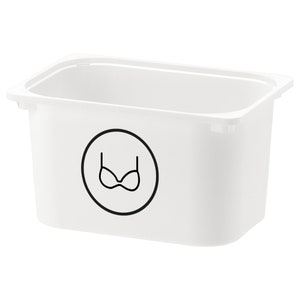Puede incluir: Cubo de almacenamiento de plástico blanco con un icono de sujetador negro en la parte delantera.