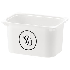 Könnte beinhalten: Weiße Plastik-Aufbewahrungsbox mit einem schwarzen Kreis und einer Grafik von einer Schere und einer Kleberflasche darin.