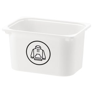 May include: White plastic storage bin with a black line drawing of a hoodie inside a circle on the front.