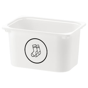 May include: White plastic storage bin with a black circle and a drawing of two socks inside. The bin is labeled "Socks".