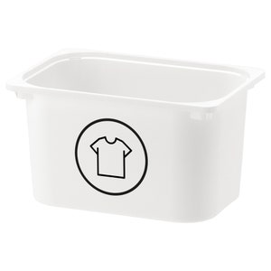 Op de afbeelding: Witte plastic opbergbak met een zwarte cirkel en een t-shirt-icoon.