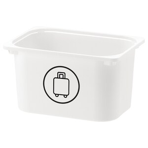 May include: White plastic storage bin with a suitcase icon on the front.