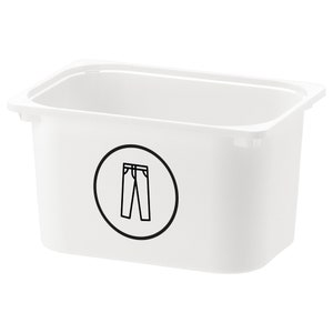 May include: White plastic storage bin with a black circle and a line drawing of pants inside. The bin is labeled "Pants".
