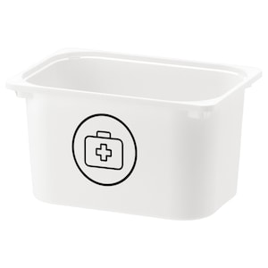 Pode incluir: Caixa de armazenamento de plástico branco com um ícone de kit de primeiros socorros preto.