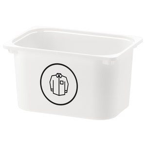 May include: White plastic storage bin with a black circle and a line drawing of a shirt inside the circle.