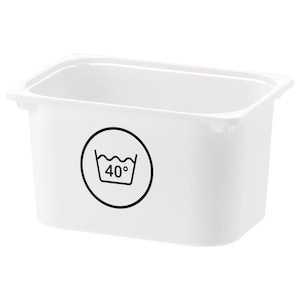 Peut inclure: Bac de rangement en plastique blanc avec une étiquette d'instructions de lavage noire et blanche indiquant "40°".
