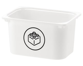 May include: White plastic storage bin with a black circle and a line drawing of a Lego brick inside the circle.