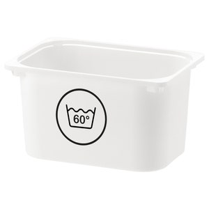 Puede incluir: Cubo de almacenamiento de plástico blanco con un símbolo de cuidado de la ropa en blanco y negro que dice "60°".