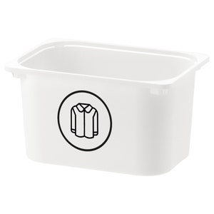 May include: A white rectangular storage bin with a black circular graphic of a shirt. The bin has a slightly raised rim and is designed for laundry or storage. The bin is made of a durable plastic material.
