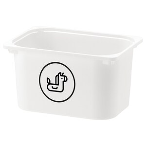 Könnte beinhalten: Weiße Plastik-Aufbewahrungsbox mit einem schwarz-weißen Symbol eines aufblasbaren Pferdes auf der Vorderseite.