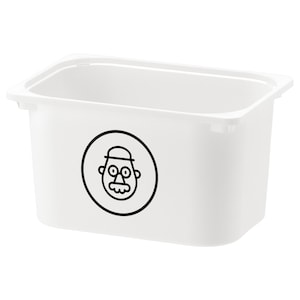 May include: White plastic storage bin with a black and white cartoon face on the front.