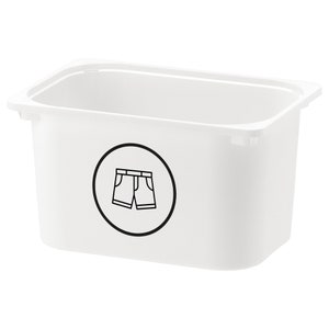 May include: White plastic storage bin with a black circle and a line drawing of shorts inside. The bin is labeled "Shorts".