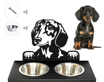 Dachshund dog bowl support in epoxy metal. 2 stainless steel bowls Included. Length 350mm, Height 258mm. Made in France